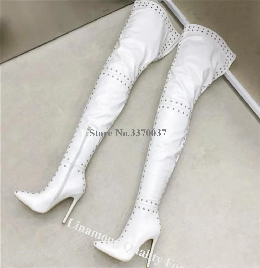 Linamong Slim Style White Matte Leather Rivets Thin Heel Over Knee Boots Pointed Toe Metal Studs Stiletto Heel Long Boots