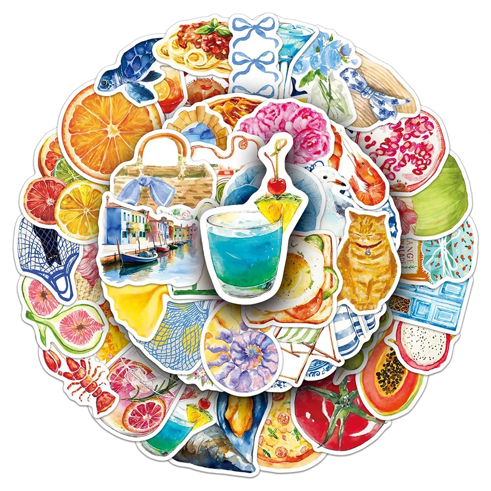 10/30/50pcs Cartoon Mediterranean Food Aesthetic Art Stickers Vintage Watercolor Graffiti Decals DIY Notebook Stationery Sticker