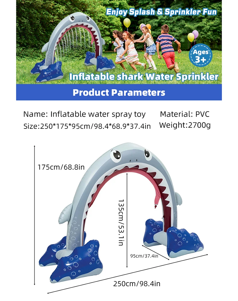 Inflatable Shark Water Arch Sprinkler for Kids Outdoor Summer Fun Water Play Spray Arch Backyard Party Water Toy