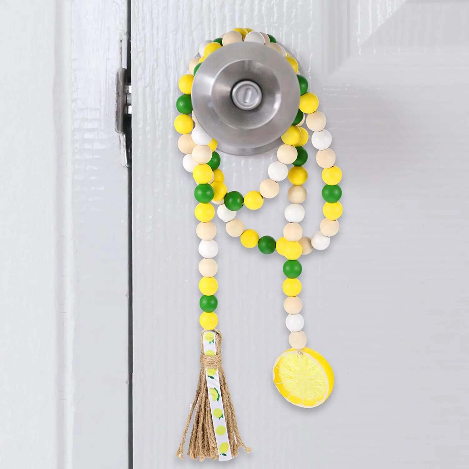 

C-Convenient-Lemon Wood Bead Garland With Tassel Buffalo Plaid Beaded Hanging Country Farmhouse Style Summer Spring Decorations