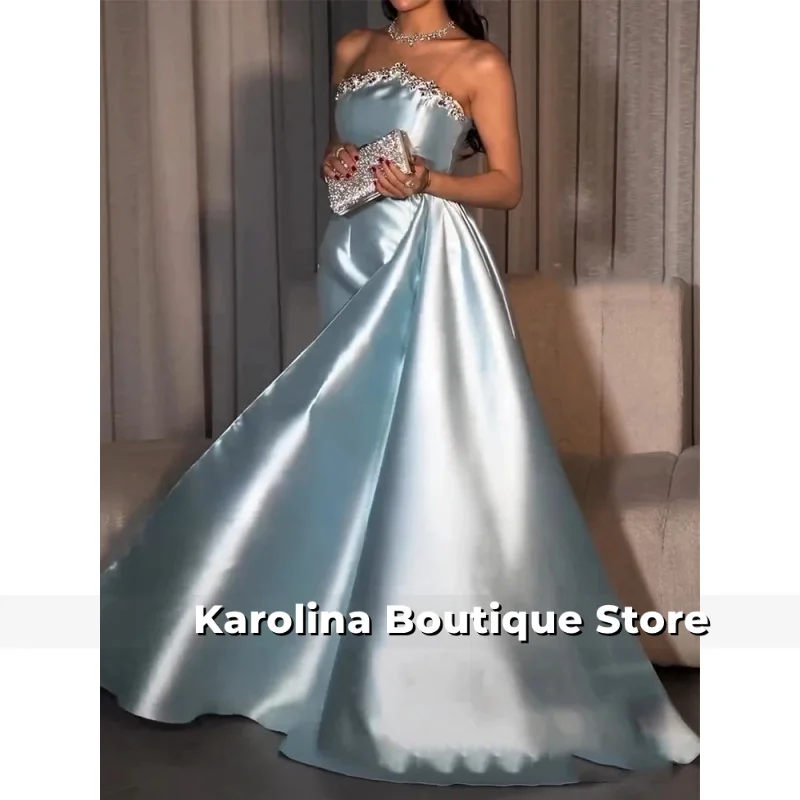 فساتين سهرة فاخرة للنساء 2025 أزرق سماوي من الساتان بفتحة جانبية عمود ثوب مسائي طويل ثنيات مطرز بحجر الراين فستان الحفلات