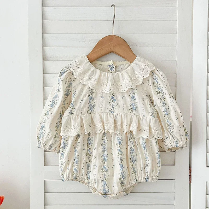 0-24M Baby Girl Floral Jumpsuit Lace Princess Romper Lapel Vintage Style Newborn Kids Casual Jumpsuit Full Sleeve Baby Jumpsuit