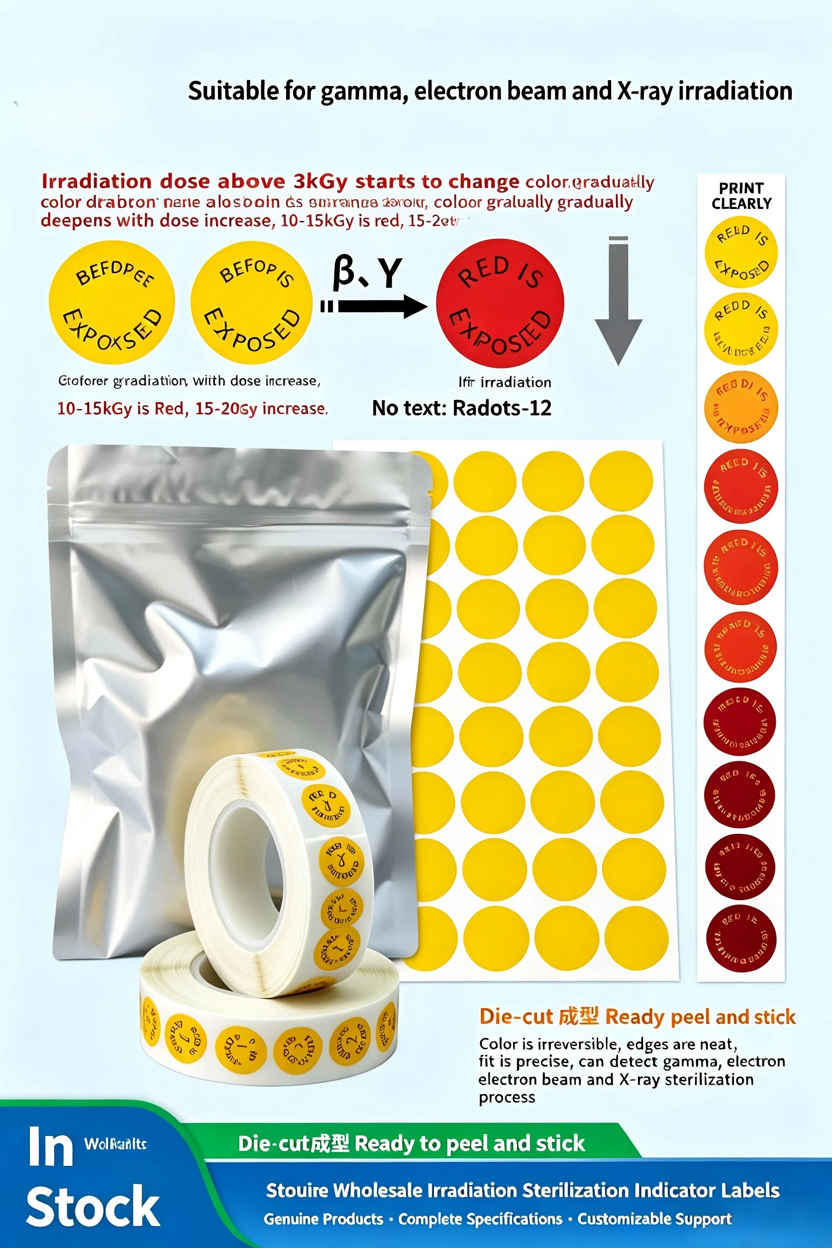 Radiation Exposure Stickers, Gamma/E-beam Irradiation Indicator Labels, Yellow to Red Sterilization Verification Tags 1000dots