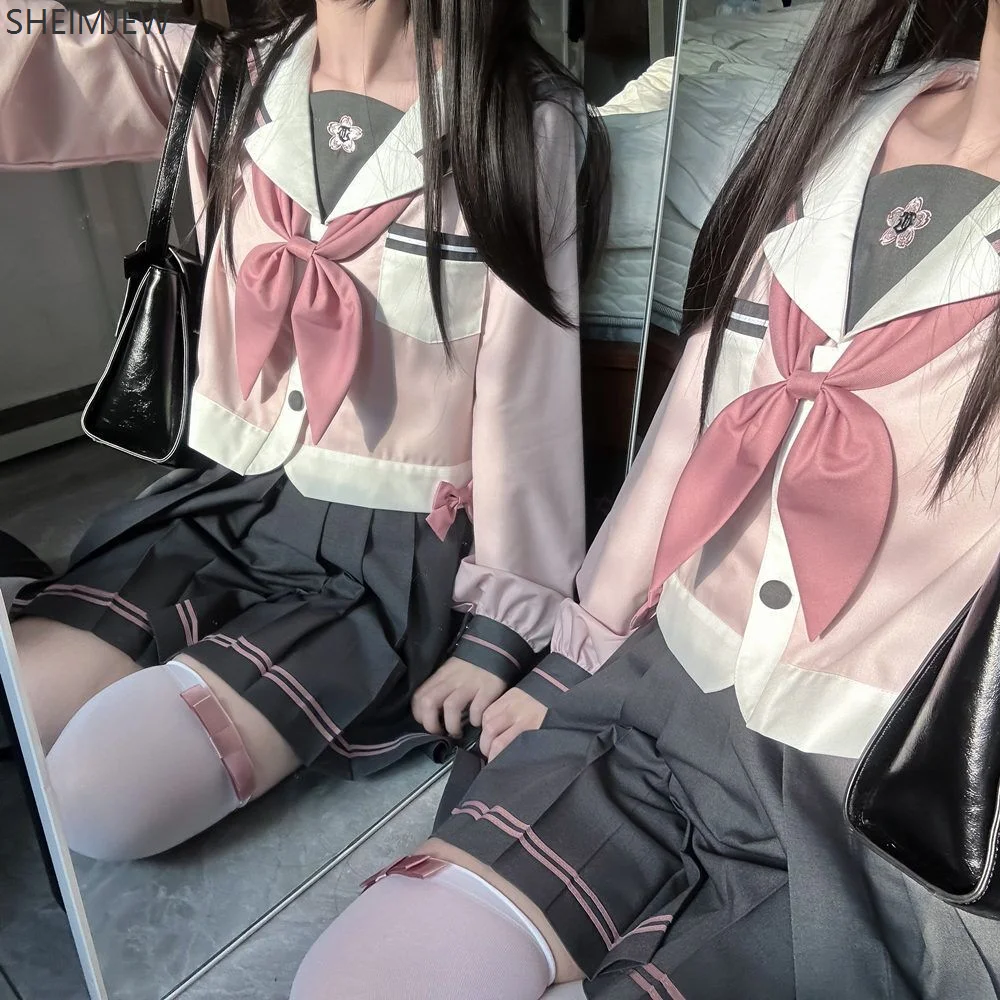 ญี่ปุ่น Jk ชุดกระโปรงสั้นสาวคอสเพลย์สีชมพู Navy Collar สไตล์วิทยาลัยชุดกะลาสี Bow Tie น่ารัก High School Student Uniform