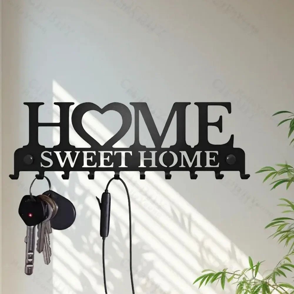 Sweet Home Balcone in metallo nero Appendiabiti a parete Portachiavi Organizzatore da cucina Bagno Rangement Ganci Appendiabiti