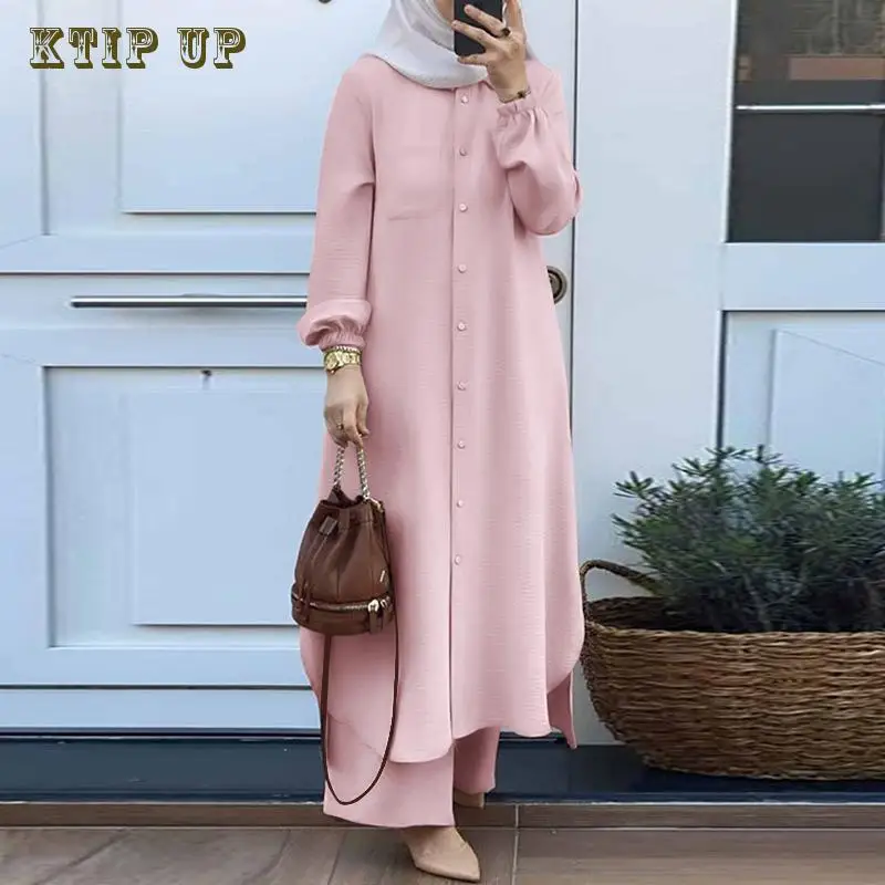 อิสลาม Ramadan Eid มุสลิมชุดผู้หญิง 2 ชิ้นชุดรัดตัวเสื้อกางเกงขากว้างดูไบ Abaya Lace Up สีทึบ Kaftan เสื้อผ้า