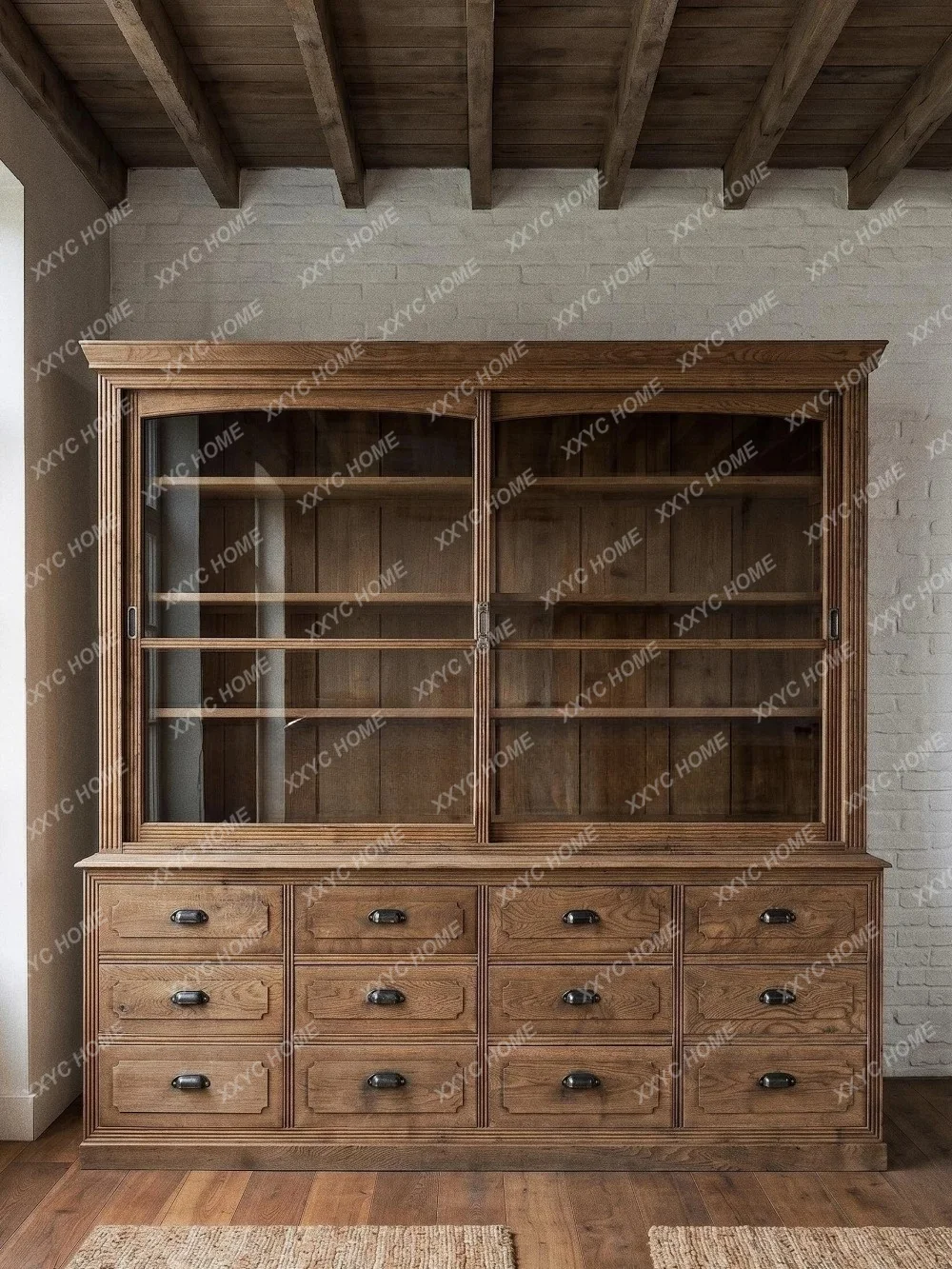 Wine cabinet, sideboard, French-style sliding door storage, displaying antique Southern France decorative bowls and plates