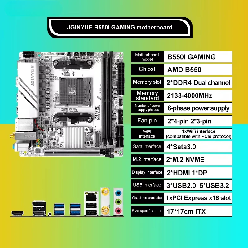 JGINYUE AMD B550 AM4 mini ITX Motherboard supports Ryzen R5 4000/5000 series processors DDR4 RAM PCI-E 4.0 B550i GAMING