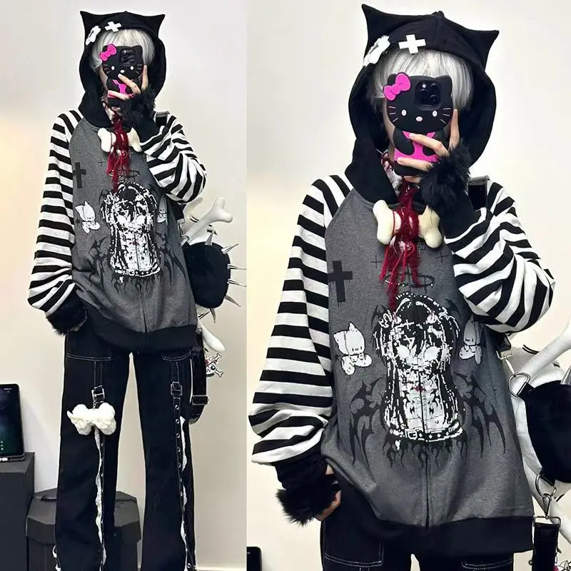 Japanese Subculture Demon Printed Hoodies Fashion Punk Style Striped Long-sleeved Hoodie Women Oversized Loose Cosplay Clothing