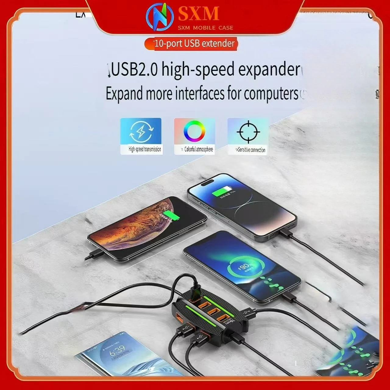 

The USB hub is a one-to-ten expansion with ambient lighting