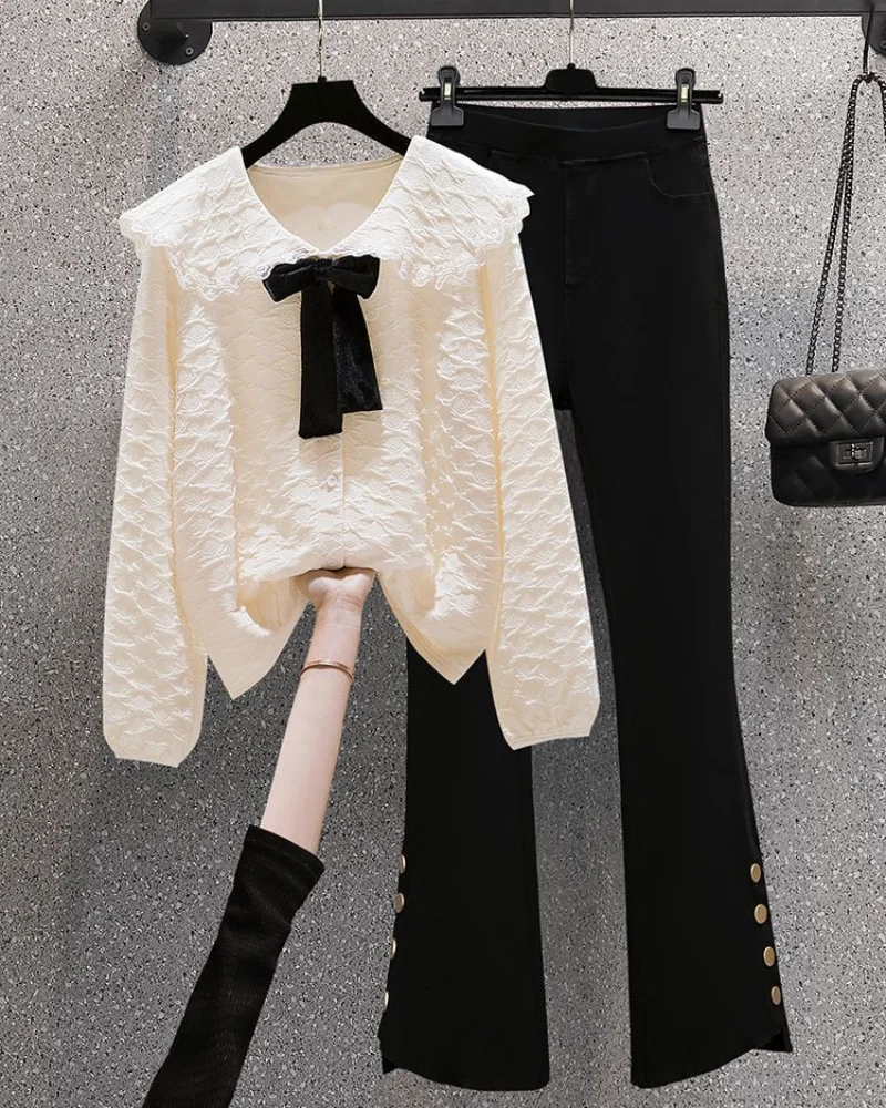 Fashion Women\'s Set Spring and Autumn New Age Reducing Doll Neck Long Sleeved Shirt Top Casual Pants Two Piece Set