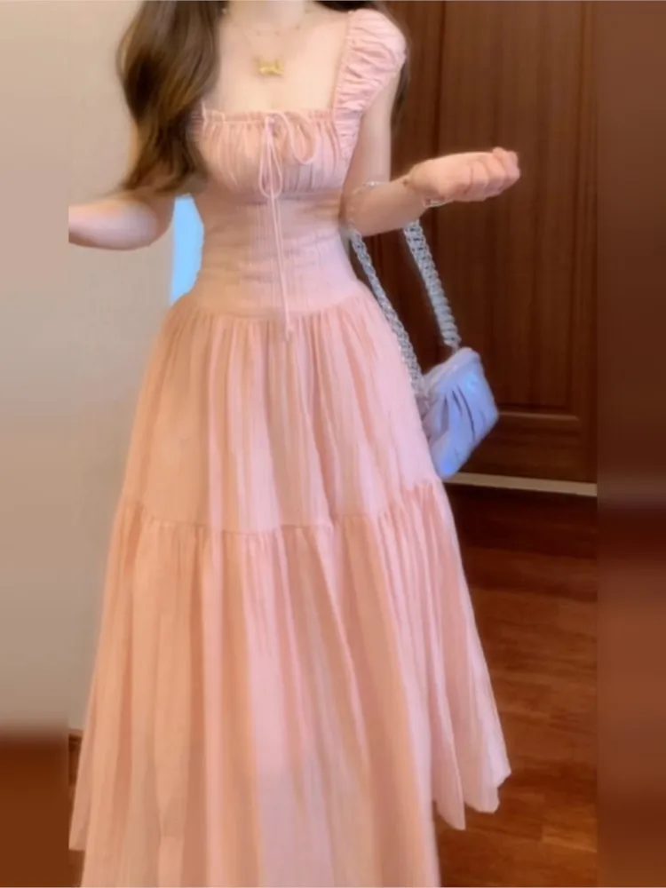 Elegante rosa ärmellose lange Kleider für Frauen quadratischer Kragen hohe Taille A-Linie Strand Stil koreanische Mode ein Stück Vestido neu