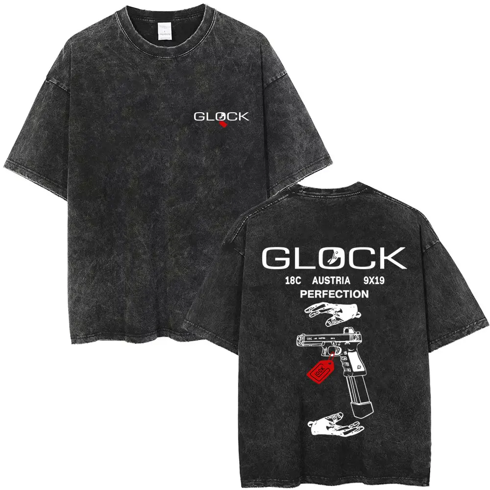 

Washed Vintage Tactical Army Fan Club Outdoor Training Competition Glock Graphic T-shirt Men Women Casual Retro Oversized Tshirt