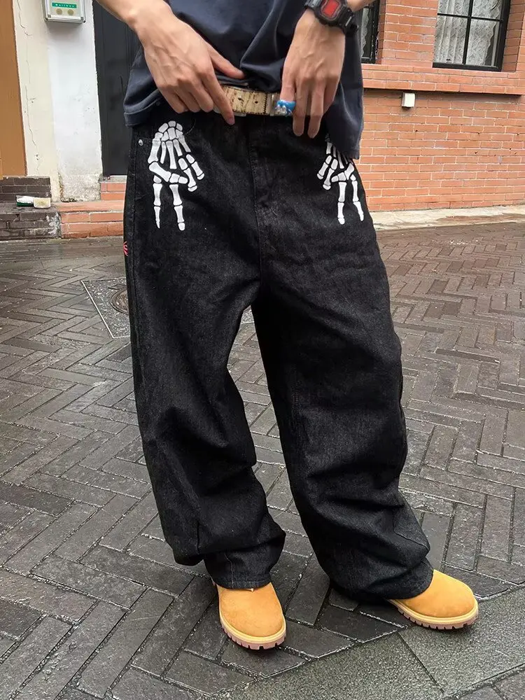 Men's Bone Print Jeans American Style Old Washed Wide Leg Retro Loose Fashion Trend Wide Leg Jeans Goth Pant Y2K Unisex view 4