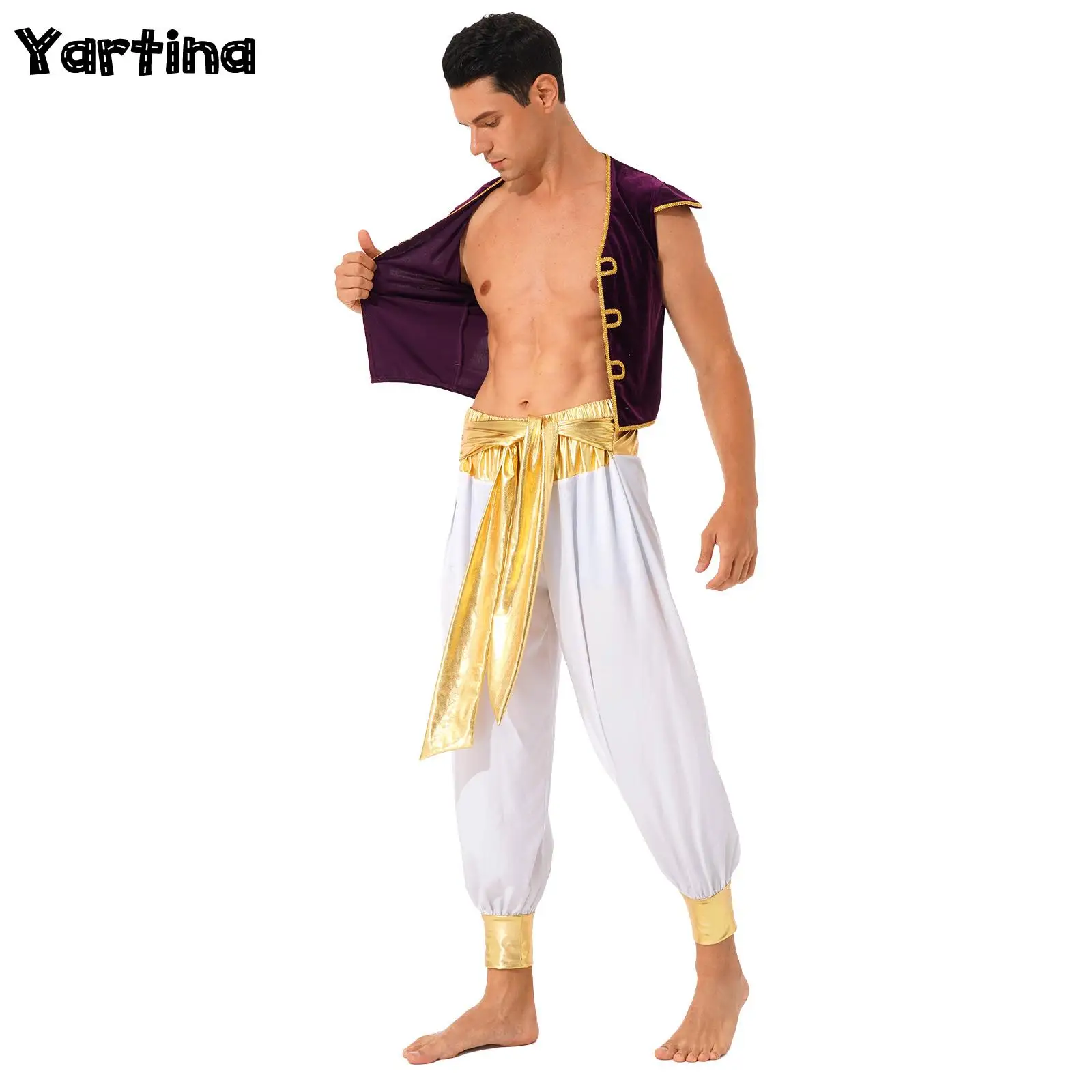 

Mens Persian Arabian Prince King Carnival Cosplay Costume Set Roleplay Dress Up Braided Trimming Open Front Waistcoat with Pants