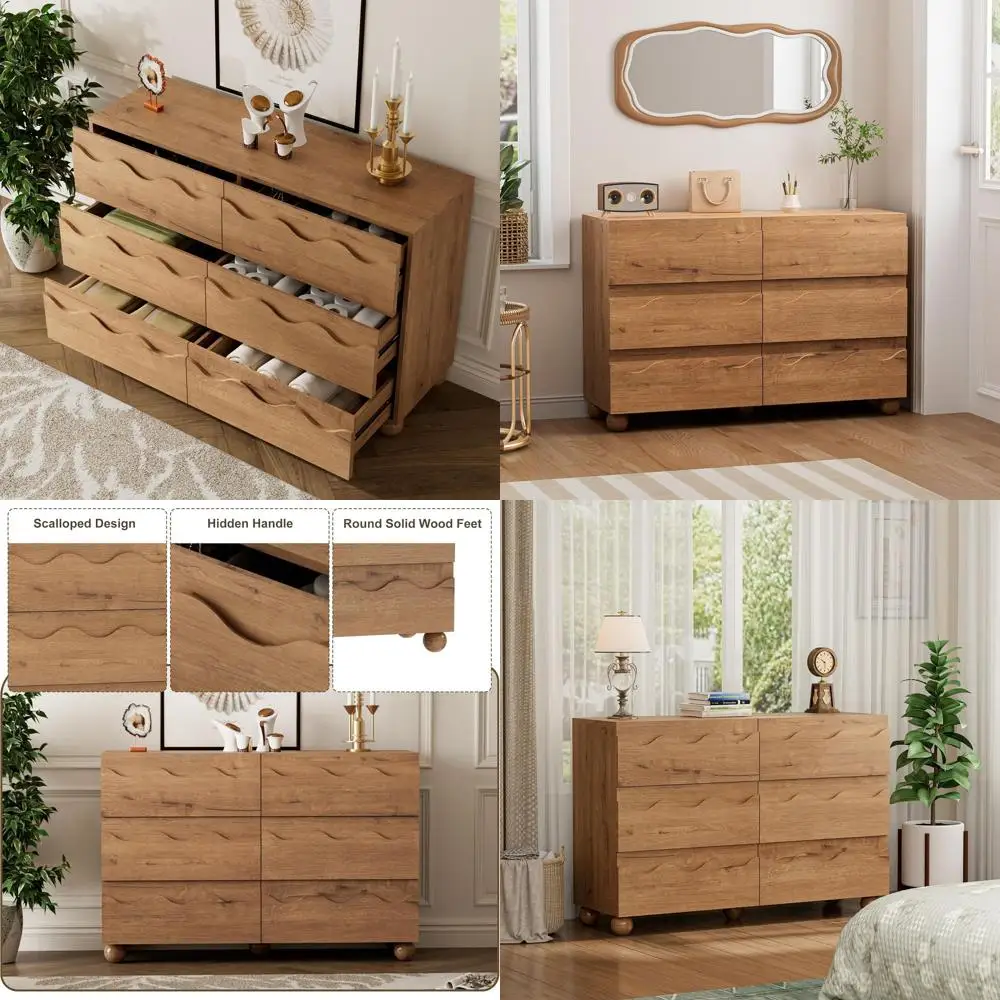 

Комод для спальни с 6 ящиками, шириной 47 дюймов, со скрытыми ручками и органайзером из натурального дуба для хранения одежды