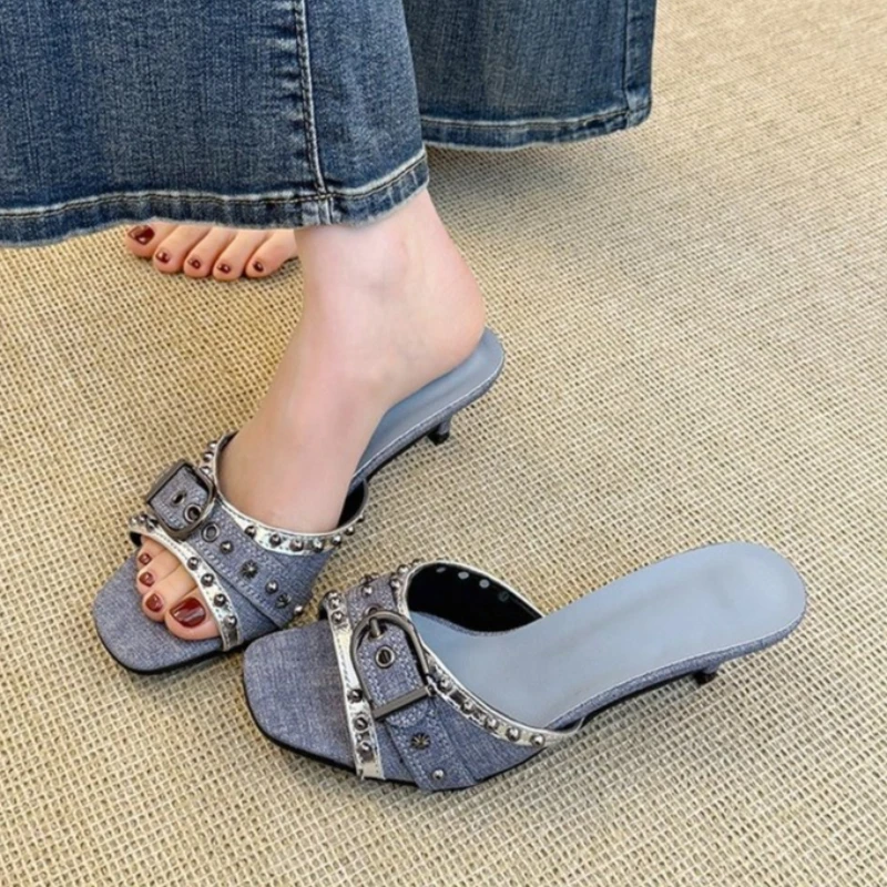 High Heels Damen-Slipper, Cowboy-Designer-Schuhe, Sandalen mit Absatz für Damen, modische Flip-Flops, elegante Schnallen-Sandalen für Damen