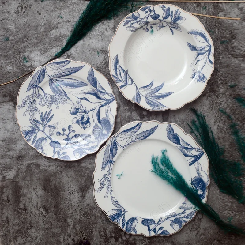 

American Retro Dinner Set Plates and Dishes Golden Stroke Blue and White Painted Irregular Dinnertableware Cake Dessert Plate