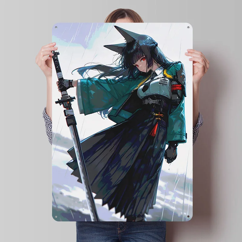 Miyabi Girl With Katana in Rain Metal Poster Custom Wall Art Retro Vintage Tinplate Signs for Man Cave Home Decor Living Room