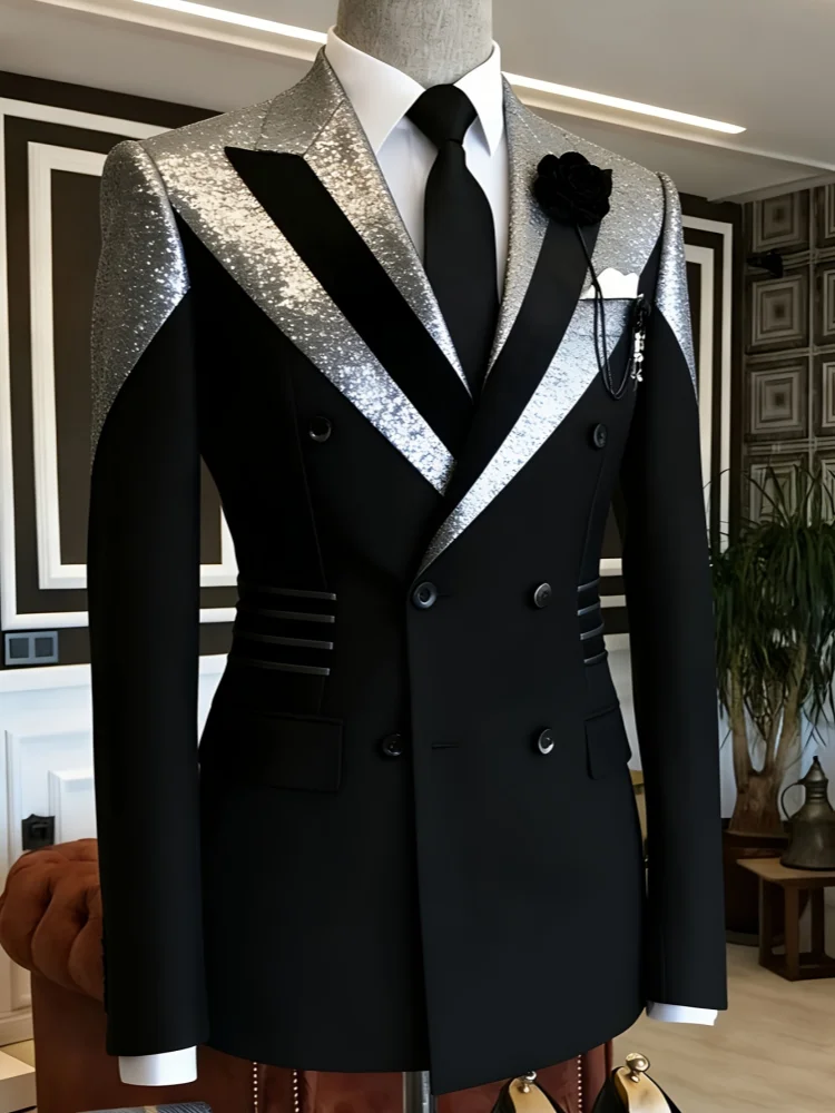 Men Shimmer‑Trim Peak‑Lapel Double‑Breasted Slim‑Fit Wedding Prom Evening Blazer Jacket