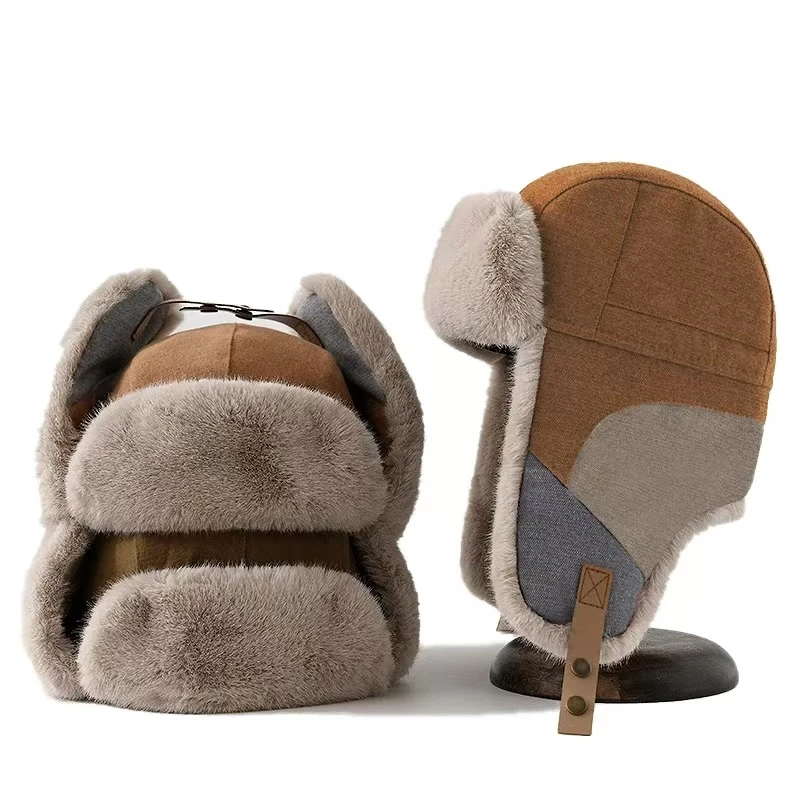 

Russian Hat For Men Earflap Pilot Hat Winter Korean Splicing Faux Rabbit Ushak Bomber Trapper Thickened Warm Cap Women's Ski Cap
