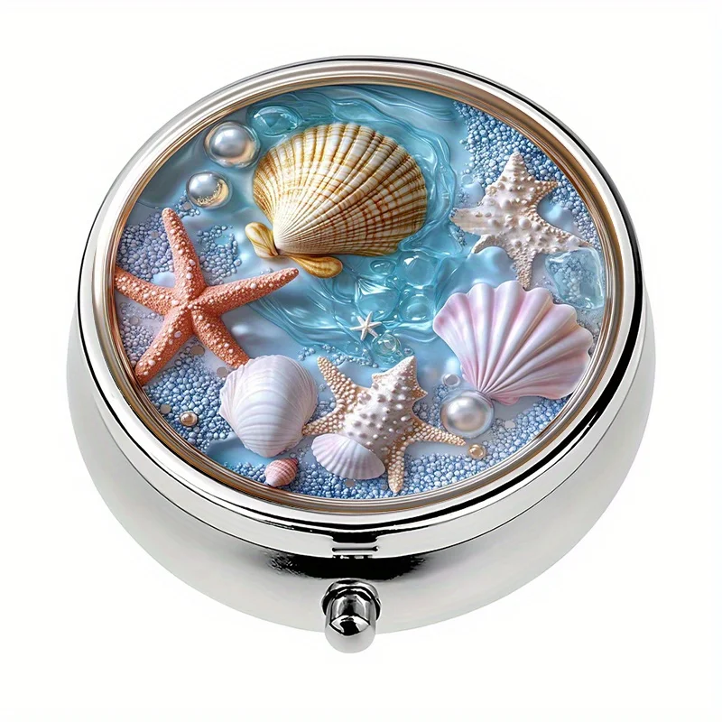 1-piece pill box, featuring 3 compartments with an ocean shell theme, mini pill box for travel or as a wallet pill box, decorative vitamin storage box, suitable for travel or wallet