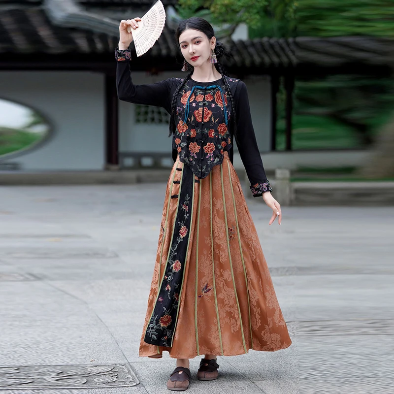 

New Chinese Style Heavy Embroidery Improved Half Skirt Large Flounce Retro A-Line High Waist Semi-Body Skirt