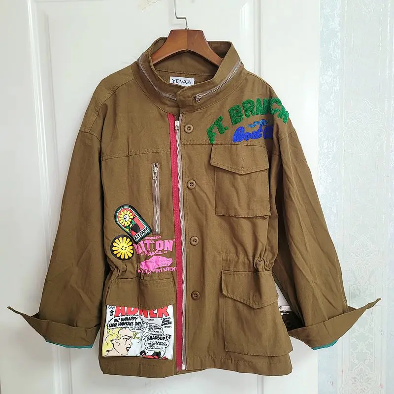 

2024 New Women's Loose Jacket with Color Collision Edge and Oversized Windbreaker Coat with Denim and Letter Patches