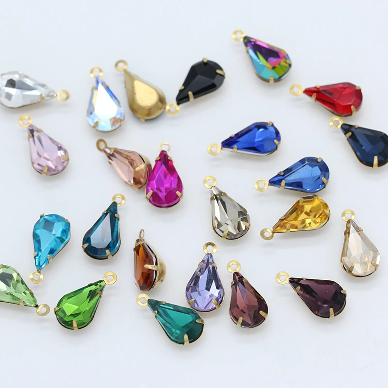 20pc 6x10mm teardrop  glass crystal Vintage shining Rhinestone single Daggle Beads pendant with gold casting connectors