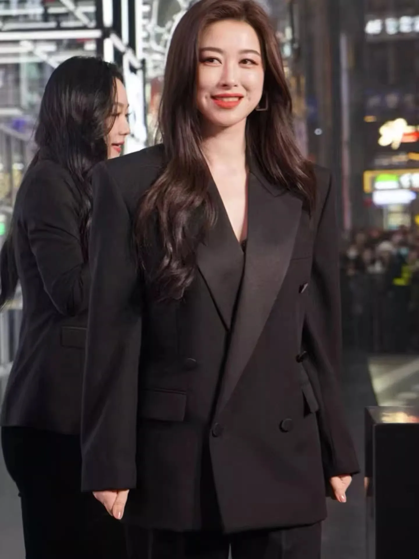  Satin Patchwork Suit Jacket Women's Double Slit Notch Lapel Wide Leg Suiting Commute Friendly Regular Fit