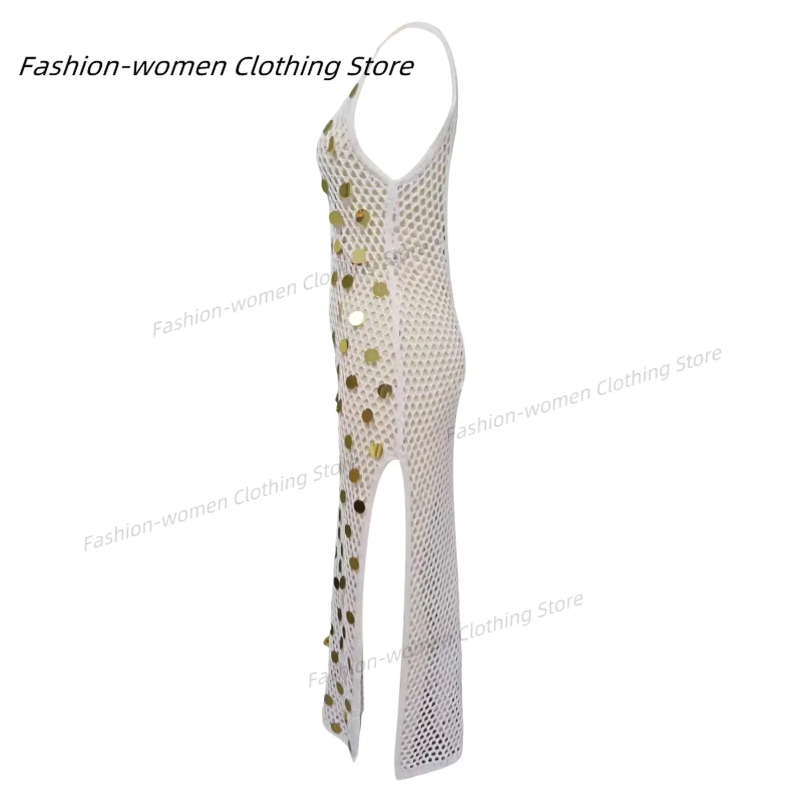 2024 Summer New Beach Skirt Women'S Sequin Knitted Hollow Out Beach Bikini Swimwear Dress Cover Up Sunscreen Female Clothing