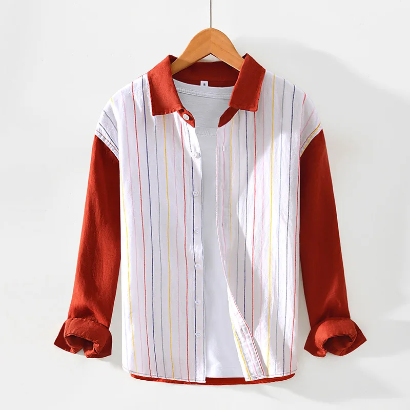 

Повседневная рубашка из чистого льна в тон, индивидуальная маленькая свежая полосатая свободная рубашка с длинными рукавами