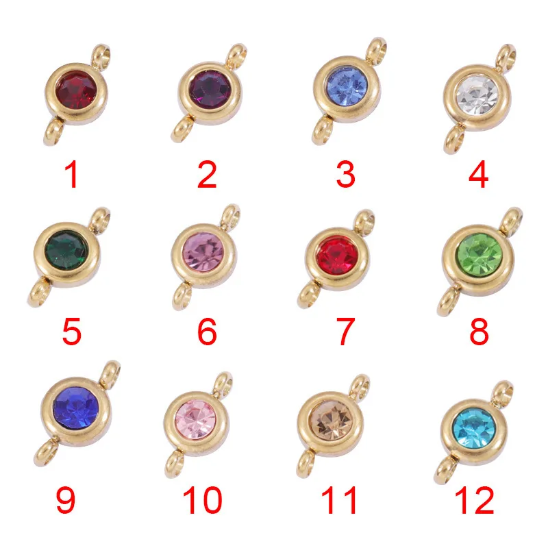 12Pcs Stainless Steel Birthstone Month Pendant Connector Colorful Zircon Charms for Jewelry Making DIY Necklace Accessories