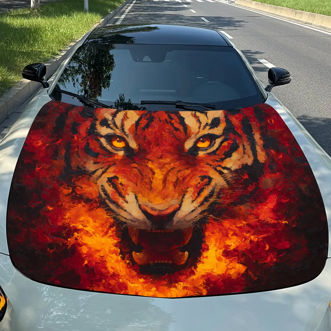 Roaring Flame Tiger Vinyl Decal - Universal Fit Paper Material Car Hood Wrap, Automotive Exterior Bonnet Sticker, Vehicle Modifi