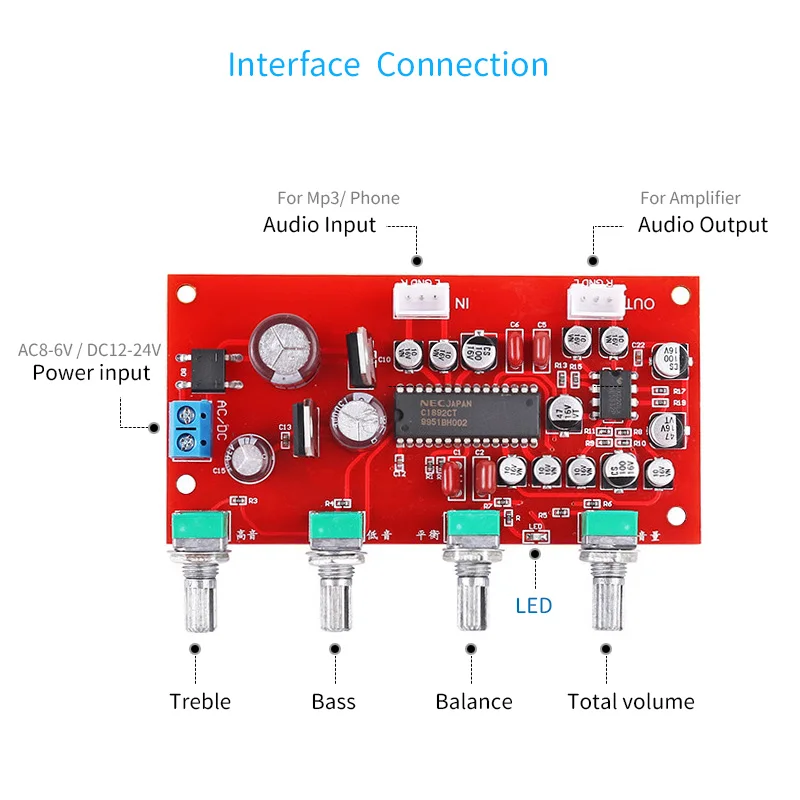 UPC1982CT Audio Preamplifer UPC1982 Tone Control Board NE5532 OP-AMP With Bass Treble Balance Sound Control