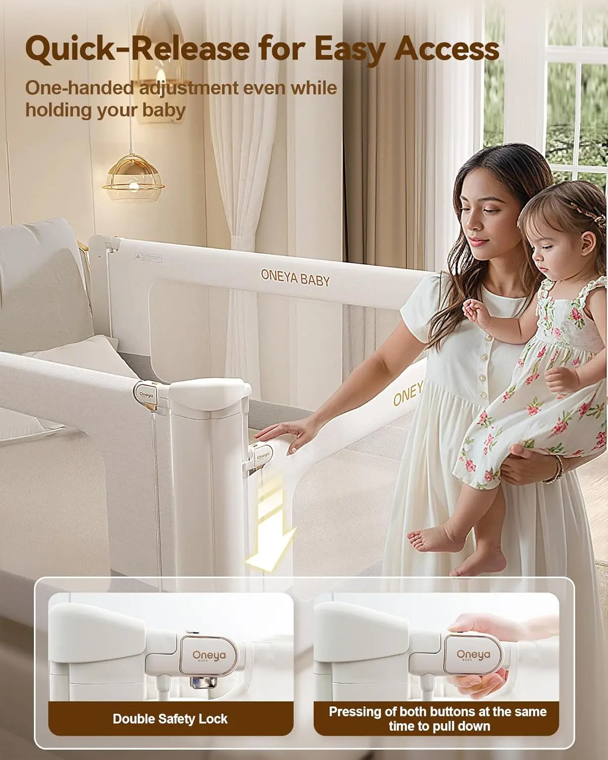 ارتفاع قابل للتعديل لسرير الأطفال الصغار مع قفل مزدوج، ألومنيوم معزز للسلامة، أبيض/رمادي، 39 بوصة طول × 28 ساعة