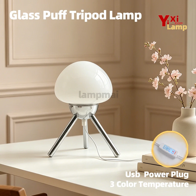 Lámpara de Mesa de Cristal de Murano con Base de Trípode, Lámpara de Noche Minimalista Estilo Bauhaus, Lámpara Decorativa de Escritorio para Dormitorio, Residencia Universitaria, Estudio y Sala de Estar