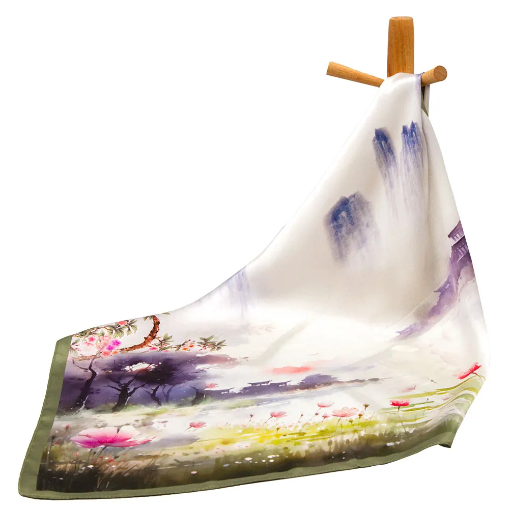 53cm 100% Real Silk Women's Scarf Foulard Elegant Square Brand Luxury Bandana Gift for Children Chinese Ink Landscape Painting
