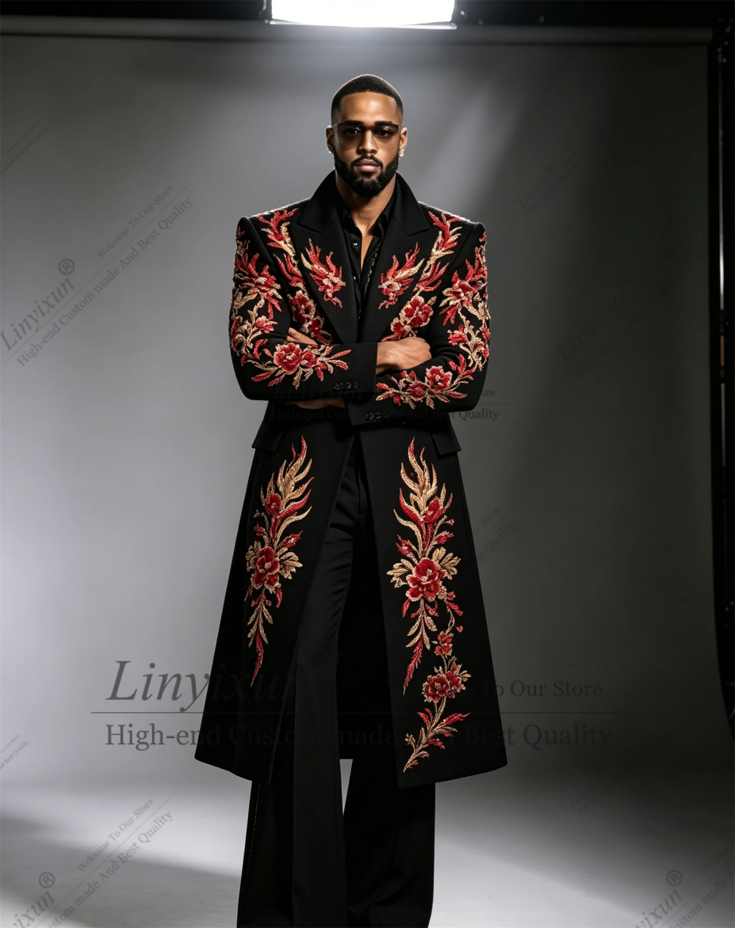 Latest design style Embroidery Men Suits 2 Pieces Sets Party Prom Blazer Customized Costume Homme Slim Long Coats Groom Tuxedo