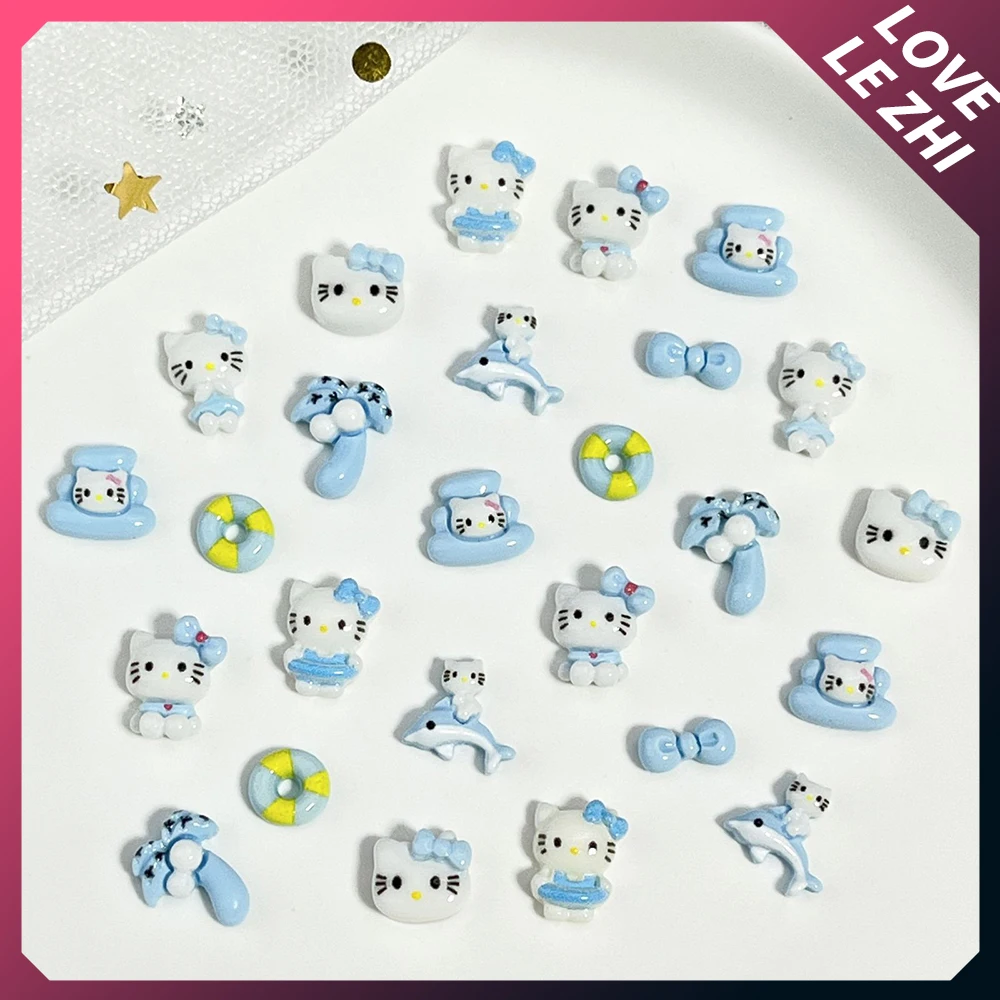 20Pcs Sanrioed Hawaii Blue White Hello Kittys Nail Accessories Diy Cartoon Coconut Palm Resin Phone Case Decoration Charms