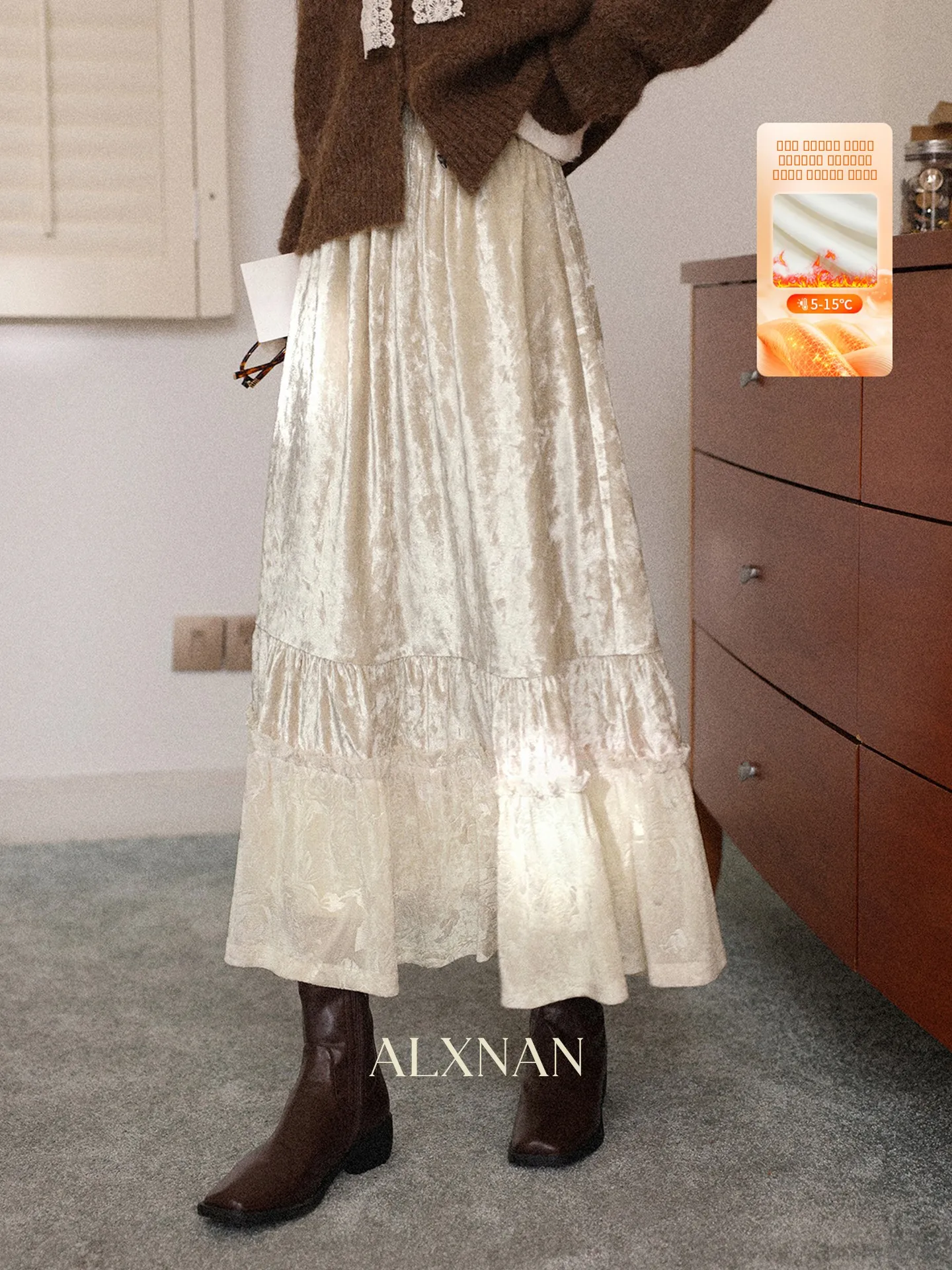 

South Deer Velvet Satin Mid-Length A-Line Skirt Women's Autumn Winter Vintage High Waist Warm Skirts French Sle Casual Wear