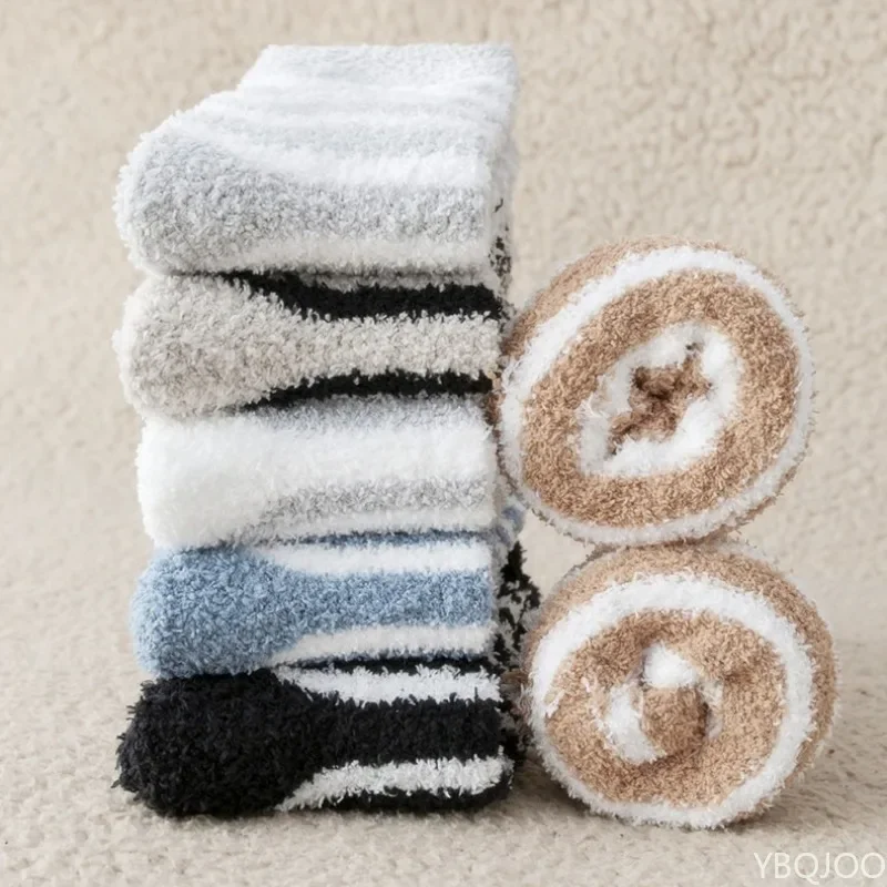 

5 Pairs Thick Mens Thermal Socks Winter Warm Striped Coral Fleece Fluffy Solid Color Sleep Male Bed Socks Hot Sell