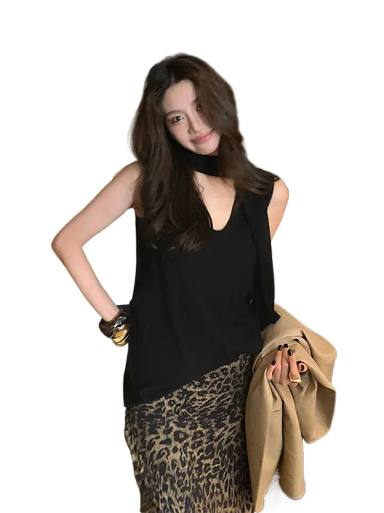 

Summer 2025 New French Sleeveless Chiffon Vest +Leopard Print Skirt with Buttocks Wrapped Suit for Women