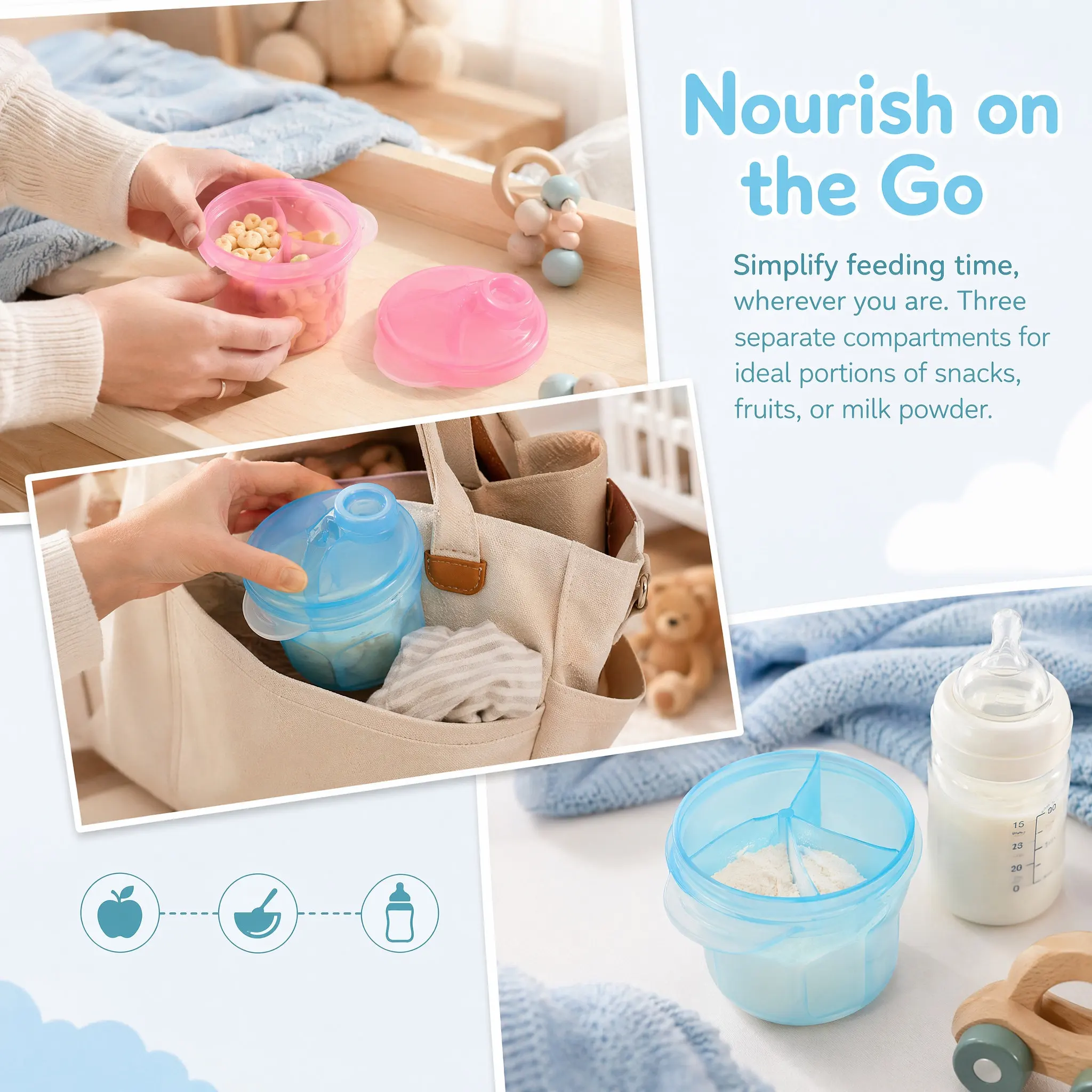 Baby Food For Travelling - 4個入り、密閉式ミルクパウダーボックス。持ち運び可能な粉ミルクディスペンサー。食品グレードのPP素材を使用し、漏れ防止・防湿・軽量で、旅行に最適。