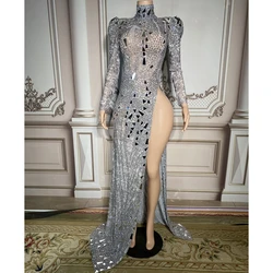 Luxurious Rhinestones Evening Party Birthday Celebrate Birthday Dresses Sexy Mesh Transparent High Split Dress Singer Stage Wear