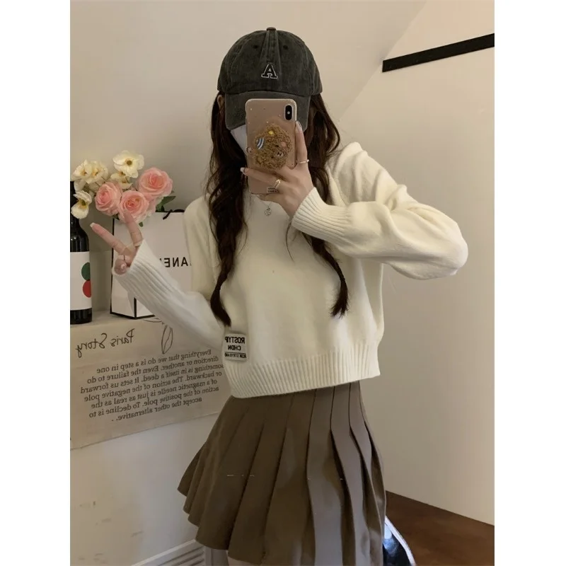 

Повседневный лоскутный круглый вязаный свитер ort Sle, свободный топ для женщин, осень-зима, Новое поступление, универсальный ленивый сле