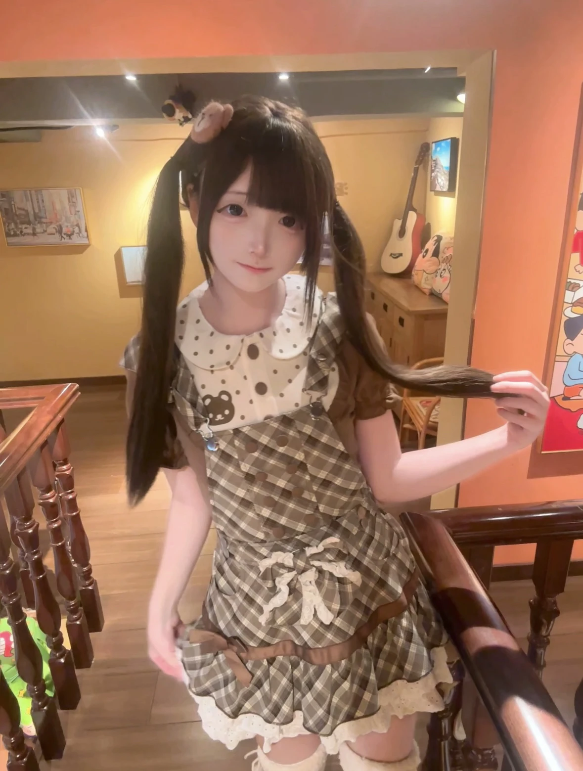 일본 귀여운 곰 자수 반팔 티셔츠 탑 부드러운 소녀 달콤한 귀여운 리본 짧은 체크 스트랩 드레스 세트 딸 옷