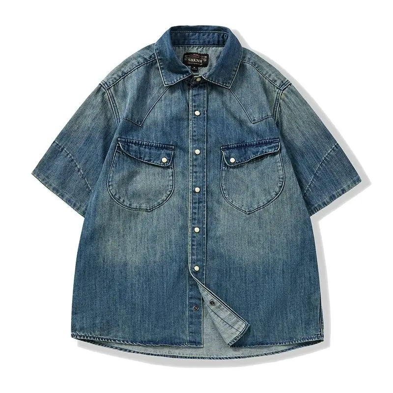 خمر قميص دينيم قصير الأكمام عادية فضفاضة تناسب الصيف جديد عصري العلامة التجارية ملابس العمل جان الشباب Sle واحدة الصدر قمصان دينيم