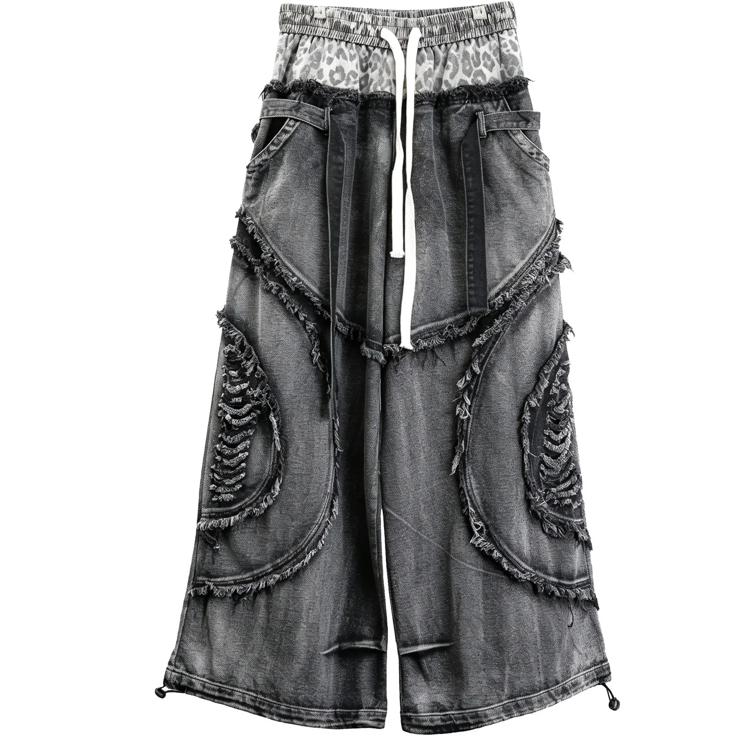 Designer Wasteland Style Leopard Splicing Double Waist Jeans Belt Street Dance High Street Wide Leg Pants Mop Trousers