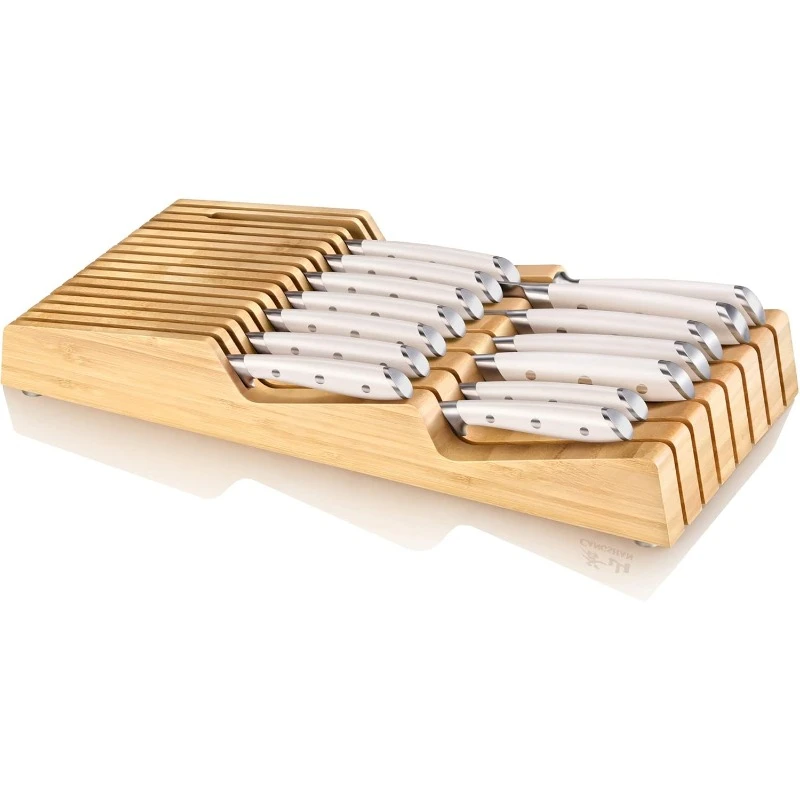 ALPS Series 502827 German Steel Forged 15-Piece In-Drawer Knife Set with Bamboo Tray, (White)